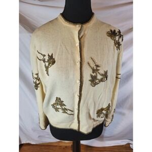 Vintage 50s Beaded Embellished Pearl Button Fitted Ivory Sweater Cardigan L Flaw